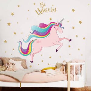 Impresi Samolepka do dětského pokoje Růžový jednorožec Unicorn s hvězdami - 90x30cm
