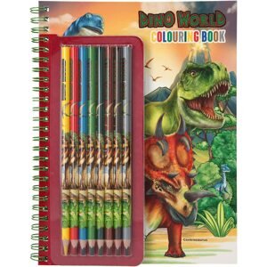Dino World, 3490266, omalovánky s pastelkami a samolepkami, dinosauři