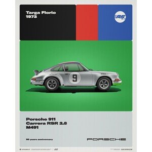 Umělecký tisk Porsche 911 Carrera RS 2.8 - 50th Anniversary - Targa Florio - 1973, 40 × 50 cm