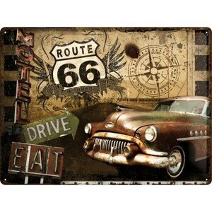 Plechová cedule Route 66 - Drive, Eat, 40 x 30 cm