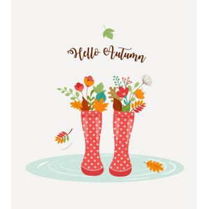 Ilustrace Autumn, fall season background, rain rubber boots with autumn leaves and flowers, scarf and umbrella, ma_rish, 35.6 × 40 cm