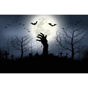 Ilustrace Zombie hands rising in dark Halloween night., jirawatp, 40 × 26.7 cm