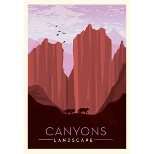 Ilustrace Canyon lands with cliff, wolves and, JDawnInk, 26.7 × 40 cm