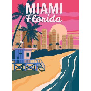 Ilustrace Miami Florida, City Skyline, Retro Poster., VectorUp, 30 × 40 cm