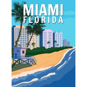 Ilustrace Miami Beach City Skyline, Retro Poster., VectorUp, 30 × 40 cm