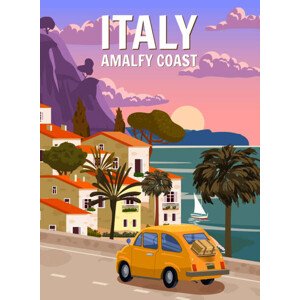 Ilustrace Retro Poster Italy, mediterranean romantic landscape,, VectorUp, 30 × 40 cm