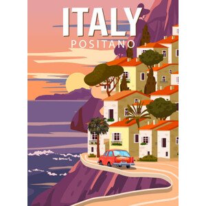 Ilustrace Retro Poster Italy, mediterranean romantic landscape,, VectorUp, 30 × 40 cm