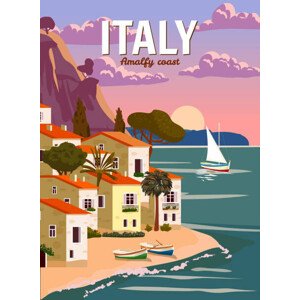 Ilustrace Retro Poster Italy, mediterranean romantic landscape,, VectorUp, 30 × 40 cm