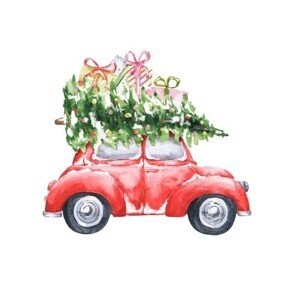 Ilustrace Watercolor Christmas tree with red car, vector_ann, 40 × 30 cm
