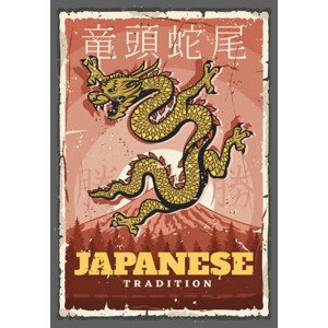 Ilustrace Japanese traditions, dragon and Fuji mount, seamartini, 26.7 × 40 cm