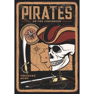 Ilustrace Pirates vintage poster, skull in hat, treasure map, seamartini, 26.7 × 40 cm