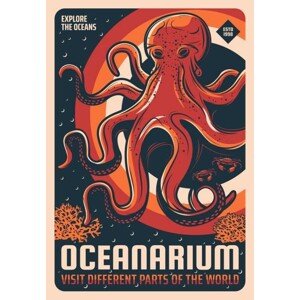 Ilustrace Octopus in oceanarium aquarium retro vector banner, seamartini, 26.7 × 40 cm