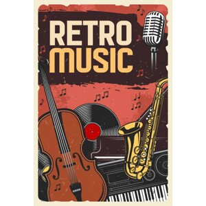 Ilustrace Retro music poster, instruments and vinyl, seamartini, 26.7 × 40 cm