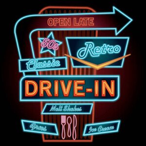 Ilustrace Classic Drive-In Theatre neon sign, JDawnInk, 40 × 40 cm