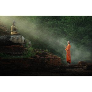 Fotografie Monk worship the Buddha statue., Sangkhom Simma, 40 × 26.7 cm