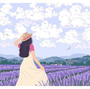 Ilustrace Young Woman Enjoys the lavender Field, Val_Iva, 40 × 40 cm