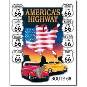 Plechová cedule AMERICAS HIGHWAY, 32 × 41 cm