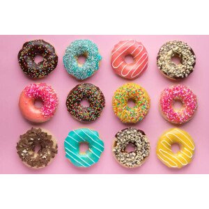 Fotografie Colorful sweet background. Delicious glazed donuts, Alexandra Fedorova, 40 × 26.7 cm