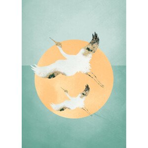 Ilustrace Mint Green Sun, Aureous Cranes, 30 × 40 cm