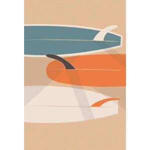 Ilustrace Vintage Old-school Longboard Surfboards on the, LucidSurf, 26.7 × 40 cm