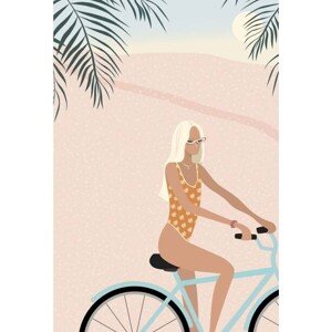 Ilustrace Surfer girl in bikini on bicycle, LucidSurf, 26.7 × 40 cm