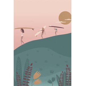 Ilustrace Surf girls walking with the longboards, LucidSurf, 26.7 × 40 cm