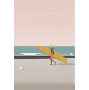Ilustrace Longboard surfer walking on the beach, LucidSurf, 26.7 × 40 cm