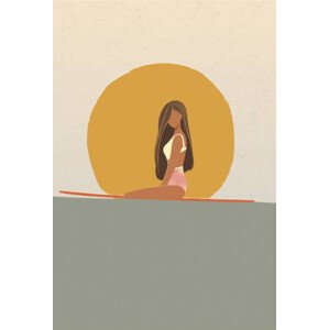 Ilustrace Surfer girl at sunset sitting on, LucidSurf, 26.7 × 40 cm