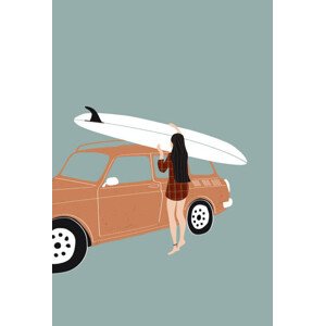 Ilustrace Flat illustration of surfer girl holding, LucidSurf, 26.7 × 40 cm