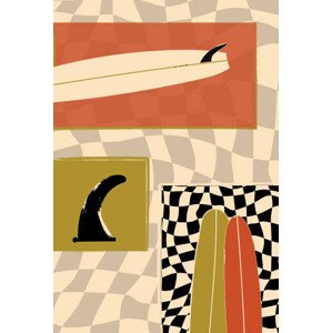 Ilustrace Surfboard fin and Longboard on checkers, LucidSurf, 26.7 × 40 cm