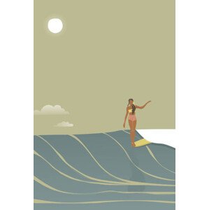 Ilustrace Surfer girl full moon retro style vector, LucidSurf, 26.7 × 40 cm