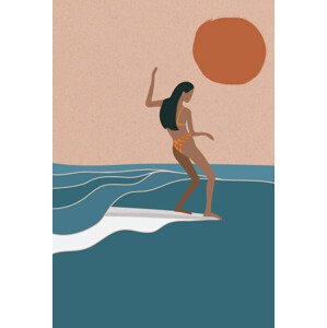Ilustrace Female Surfer riding the wave, flat, LucidSurf, 26.7 × 40 cm