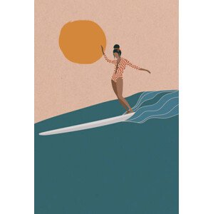 Ilustrace Female Longboard Surfer riding the wave,, LucidSurf, 26.7 × 40 cm