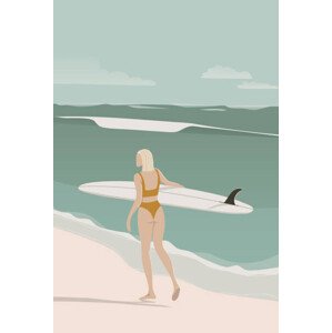 Ilustrace Surfer Girl Walking on the Beach,, LucidSurf, 26.7 × 40 cm