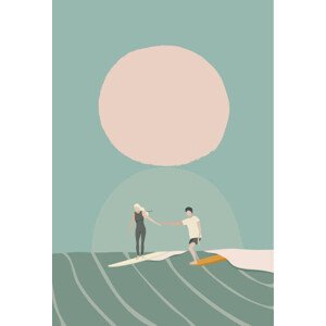 Ilustrace A surf couple surfing on the longboard surfboards, LucidSurf, 26.7 × 40 cm