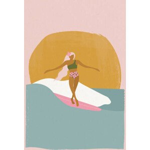 Ilustrace Surfer girl on a longboard surfboard,, LucidSurf, 26.7 × 40 cm