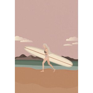 Ilustrace Surfer girl walking on the beach, LucidSurf, 26.7 × 40 cm