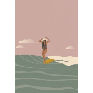 Ilustrace Surfer girl on a longboard surfboard,, LucidSurf, 26.7 × 40 cm