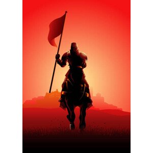 Ilustrace Medieval knight on horse carrying a flag, rudall30, 30 × 40 cm