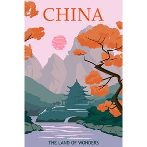 Ilustrace China vintage poster autumn landscape mountains, VectorUp, 26.7 × 40 cm