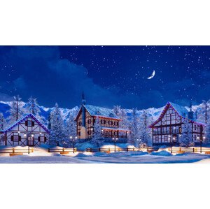 Fotografie Snowbound alpine mountain town at winter night, Marseas, 40 × 22.2 cm